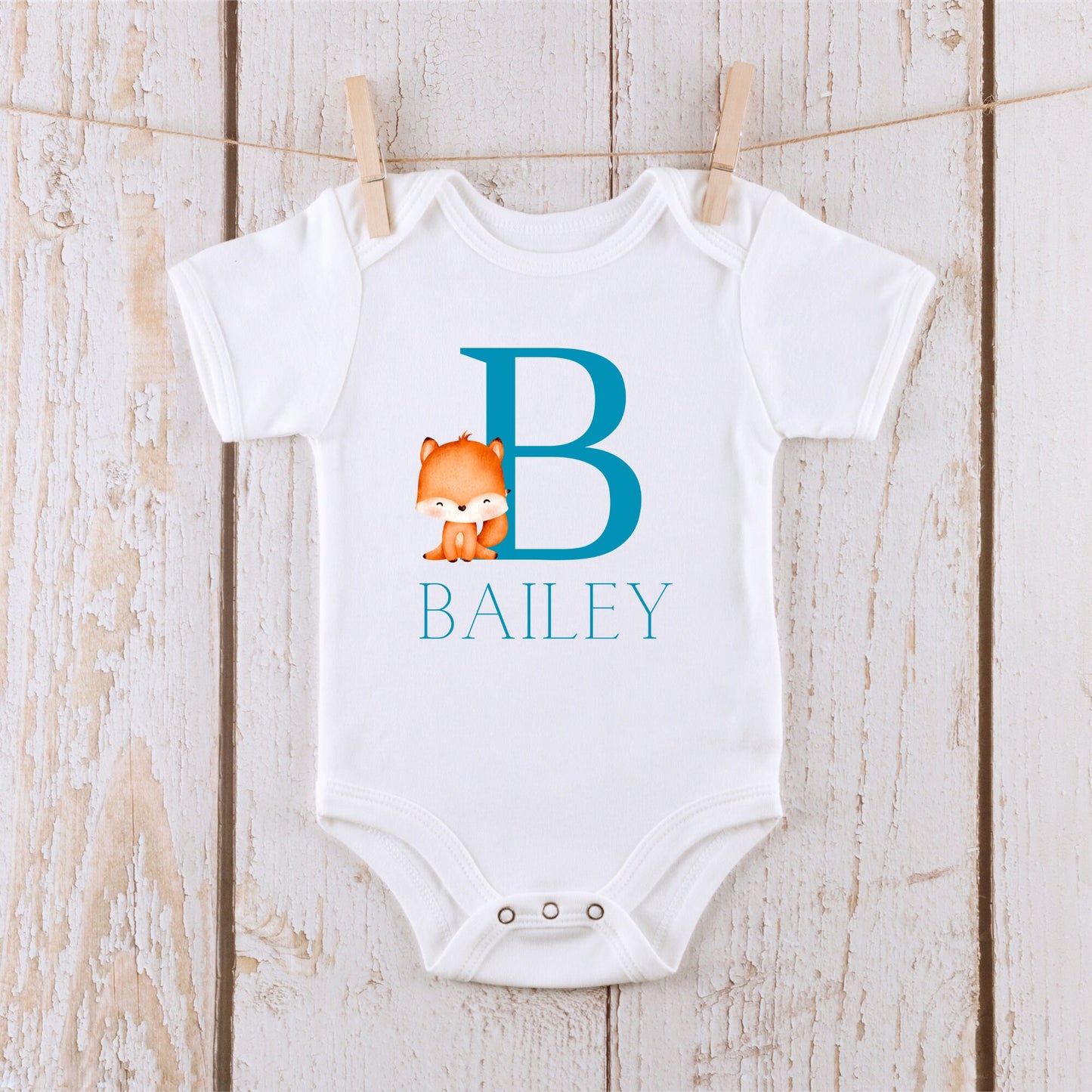 Baby Fox Letter Name Blue Personalized Baby Onesie® Kids Tshirt Baby Bodysuit Onesie®