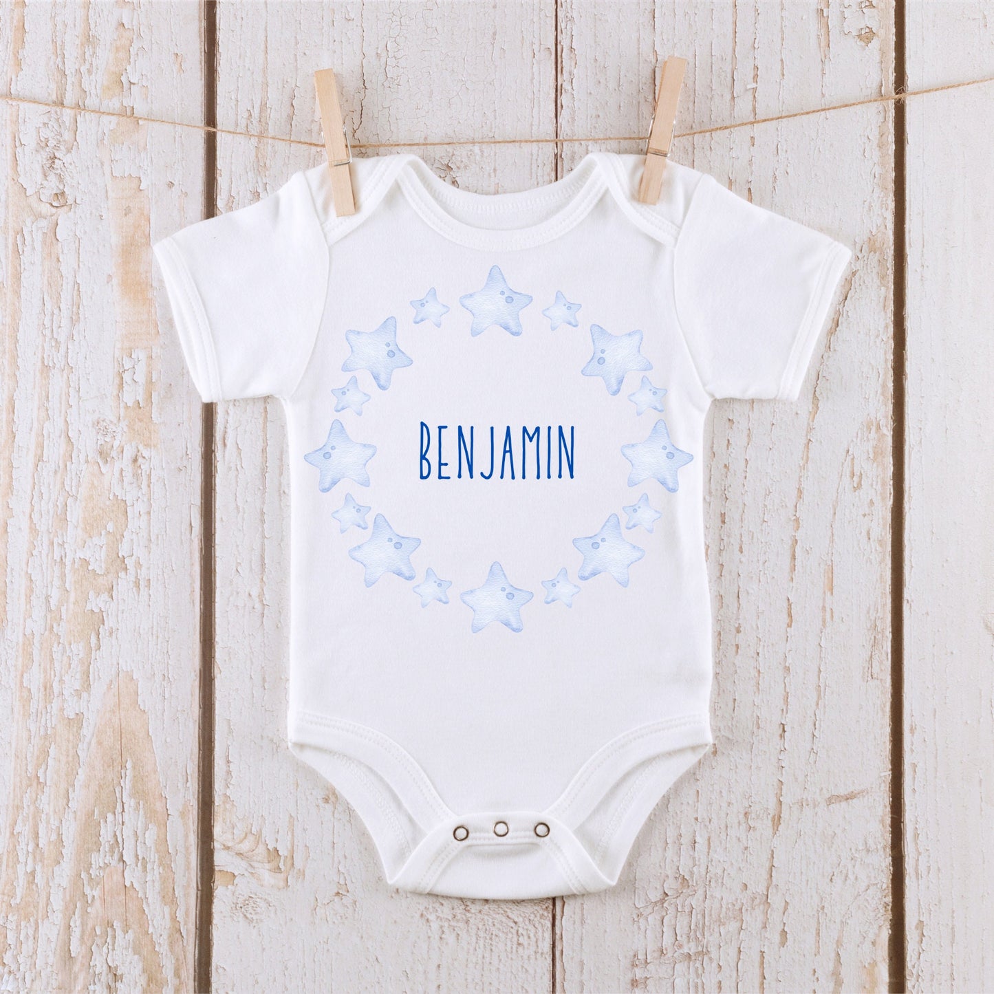 Soft Blue Stars Personalized Name Baby Onesie® | Kids Tshirt | Custom Baby Bodysuit | Name Tee