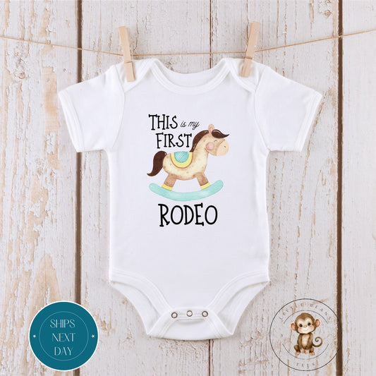 Not My First Rodeo Blue Horse Baby Onesie® | Custom Kids Tshirt | Baby Bodysuit | Horse Onesie