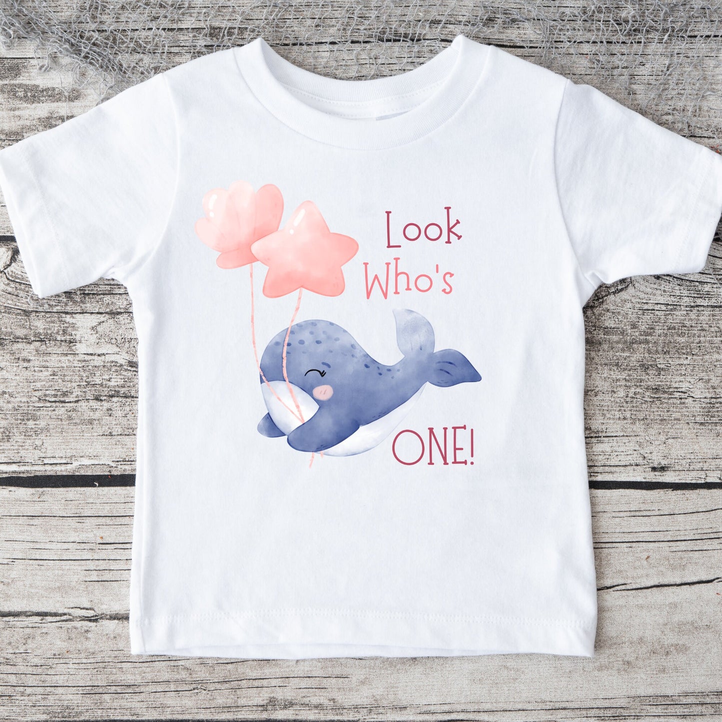 Look Who Is One Birthday Whale Balloons Baby Onesie® | Custom Kids Tshirt | Baby Bodysuit | First Birthday Onesie