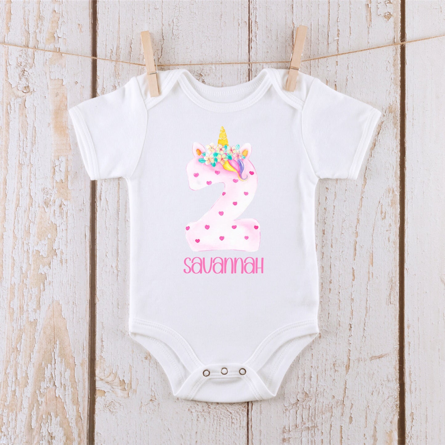 Colorful Unicorn Birthday Number 2 Personalized Name Baby Onesie®  | Custom Kids Tshirt | Baby Bodysuit | Kids Birthday Tshirt