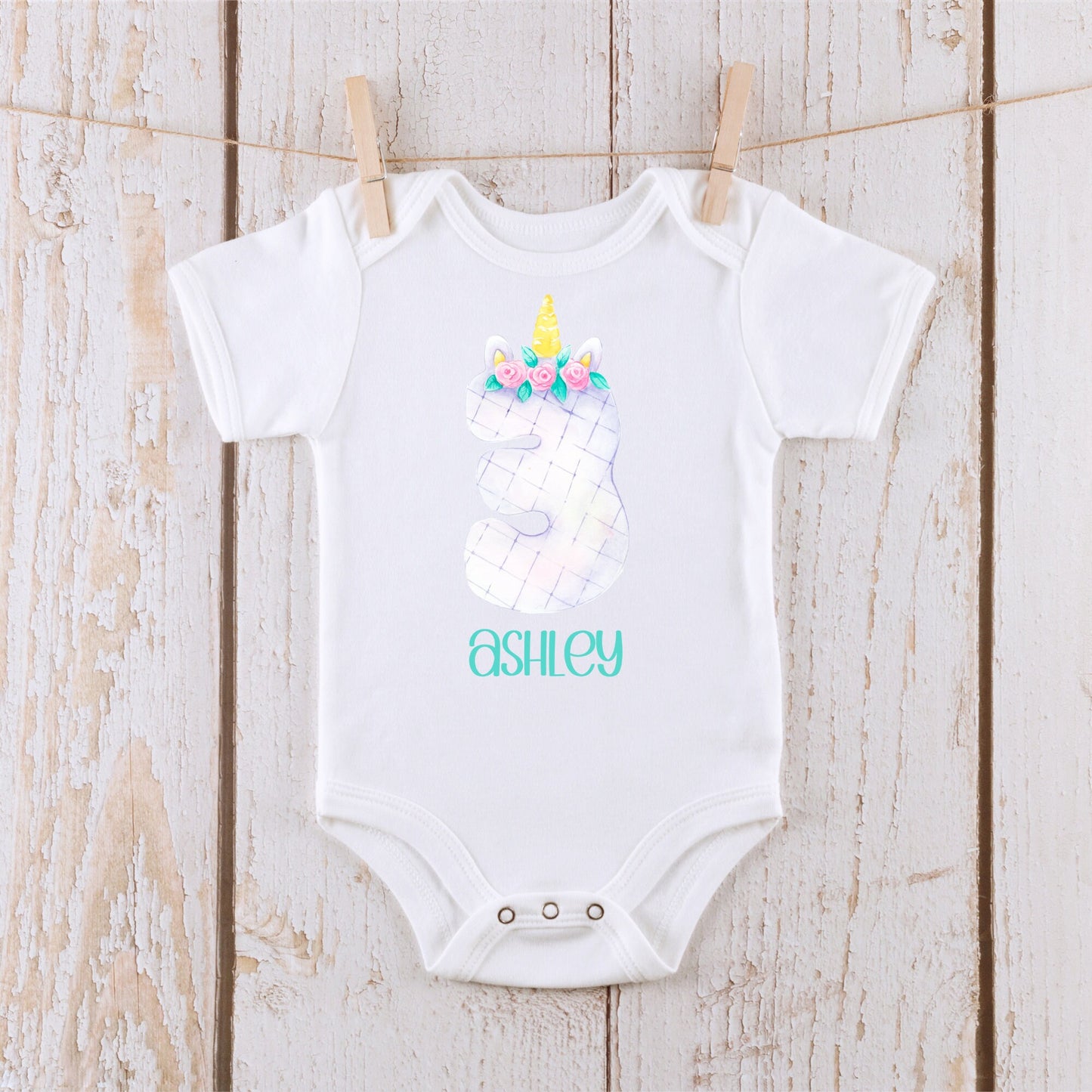 Colorful Unicorn Birthday Number 3 Personalized Name Baby Onesie®  | Custom Kids Tshirt | Baby Bodysuit | Kids Birthday Tshirt