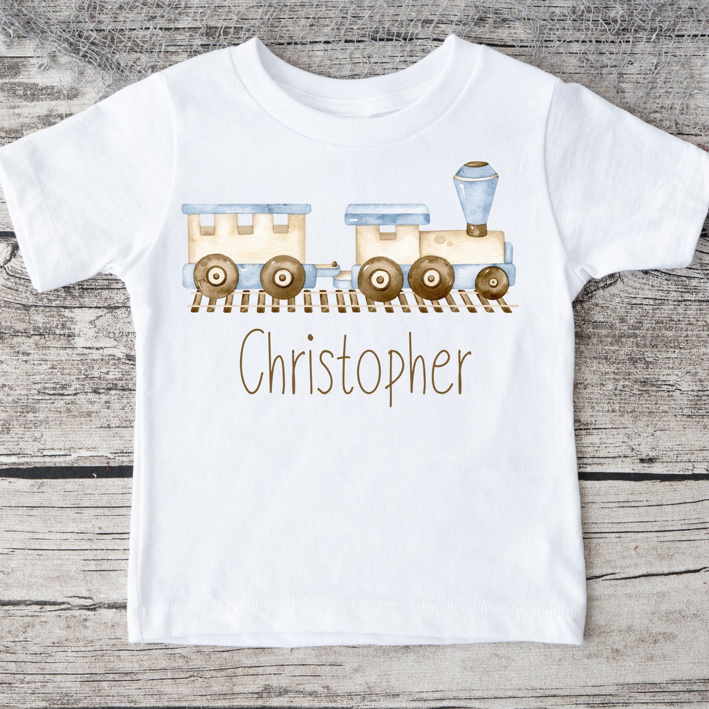 Toy Train on Tracks Blue Personalized Name Baby Onesie® | Kids Tshirt | Custom Baby Bodysuit | Boy Onesie