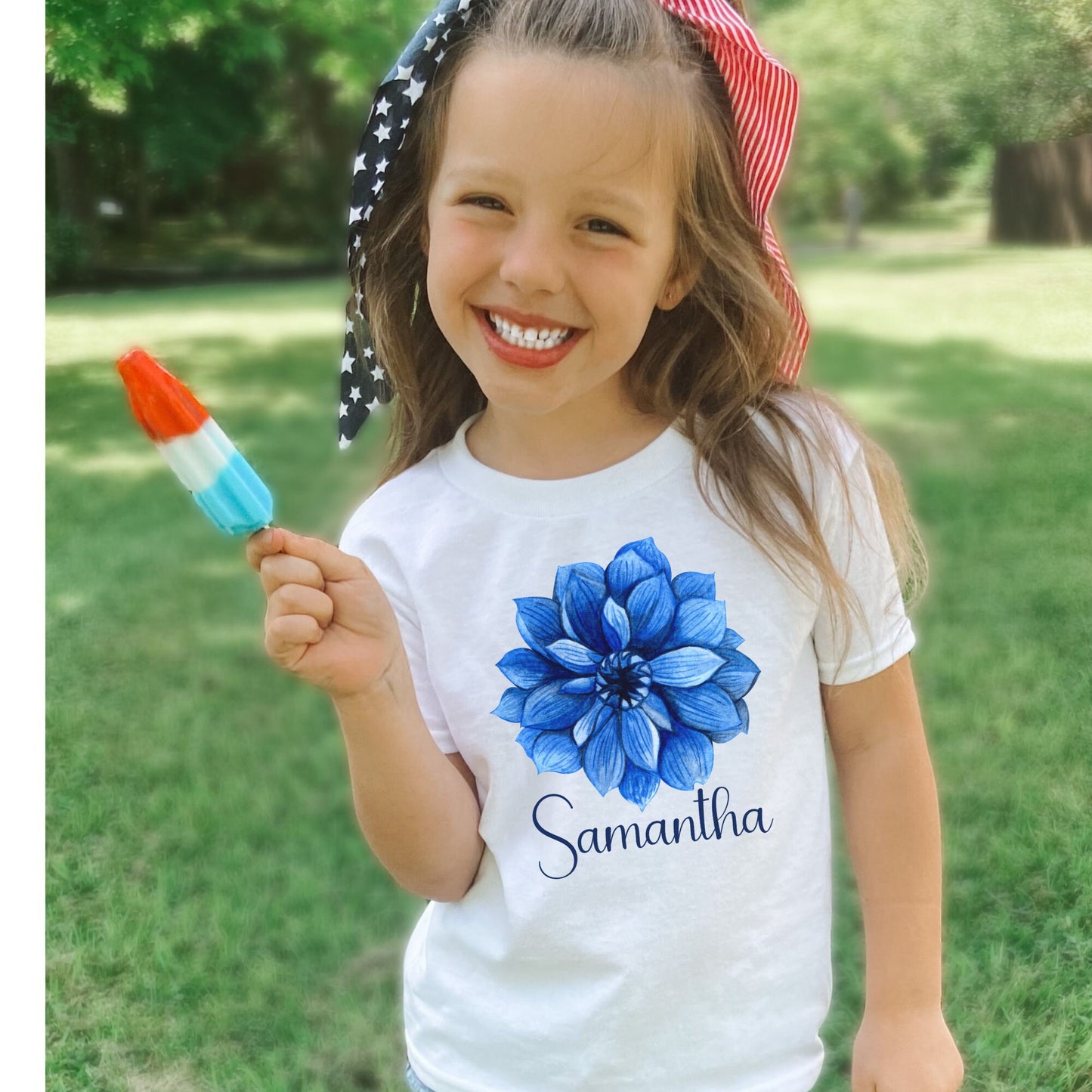 Blue Dahlia Flower Personalized Name Kids Tshirt | Custom Kids Tshirt | Cute Girls Name Tee