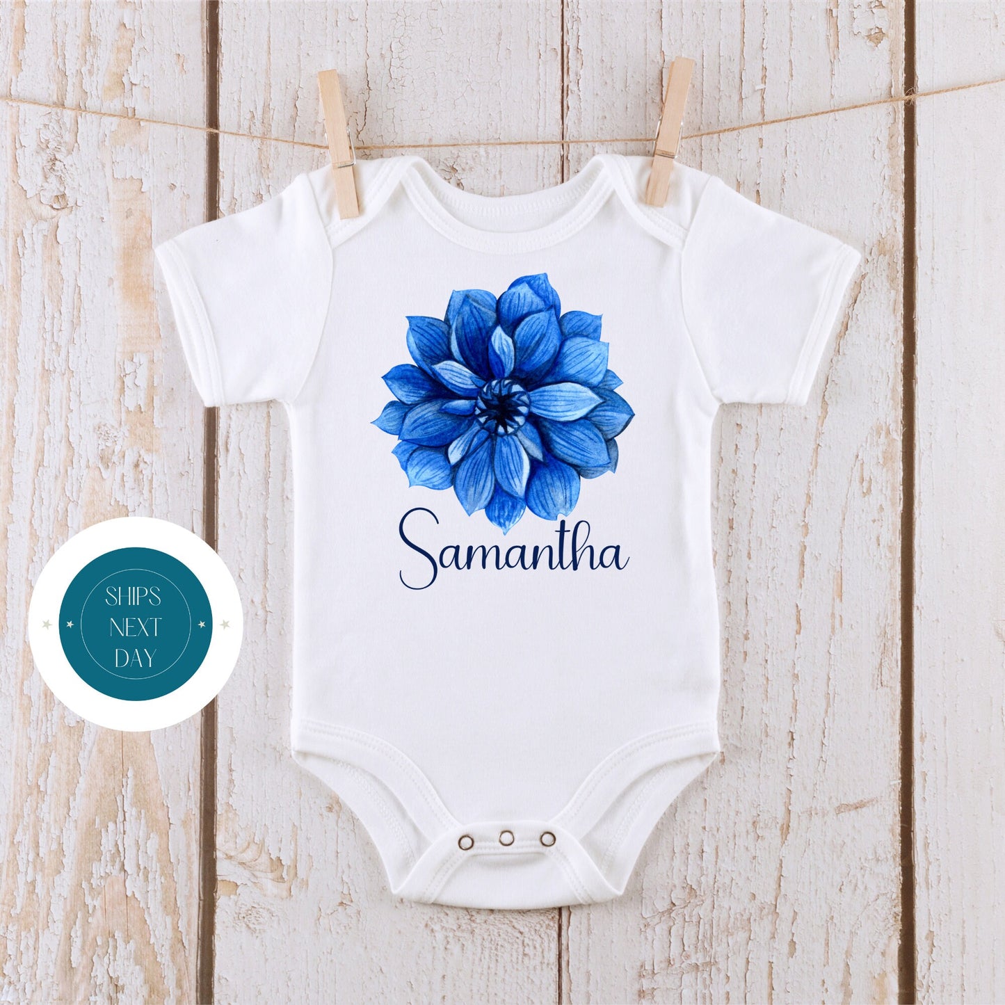 Blue Dahlia Flower Personalized Name Kids Tshirt | Custom Kids Tshirt | Cute Girls Name Tee