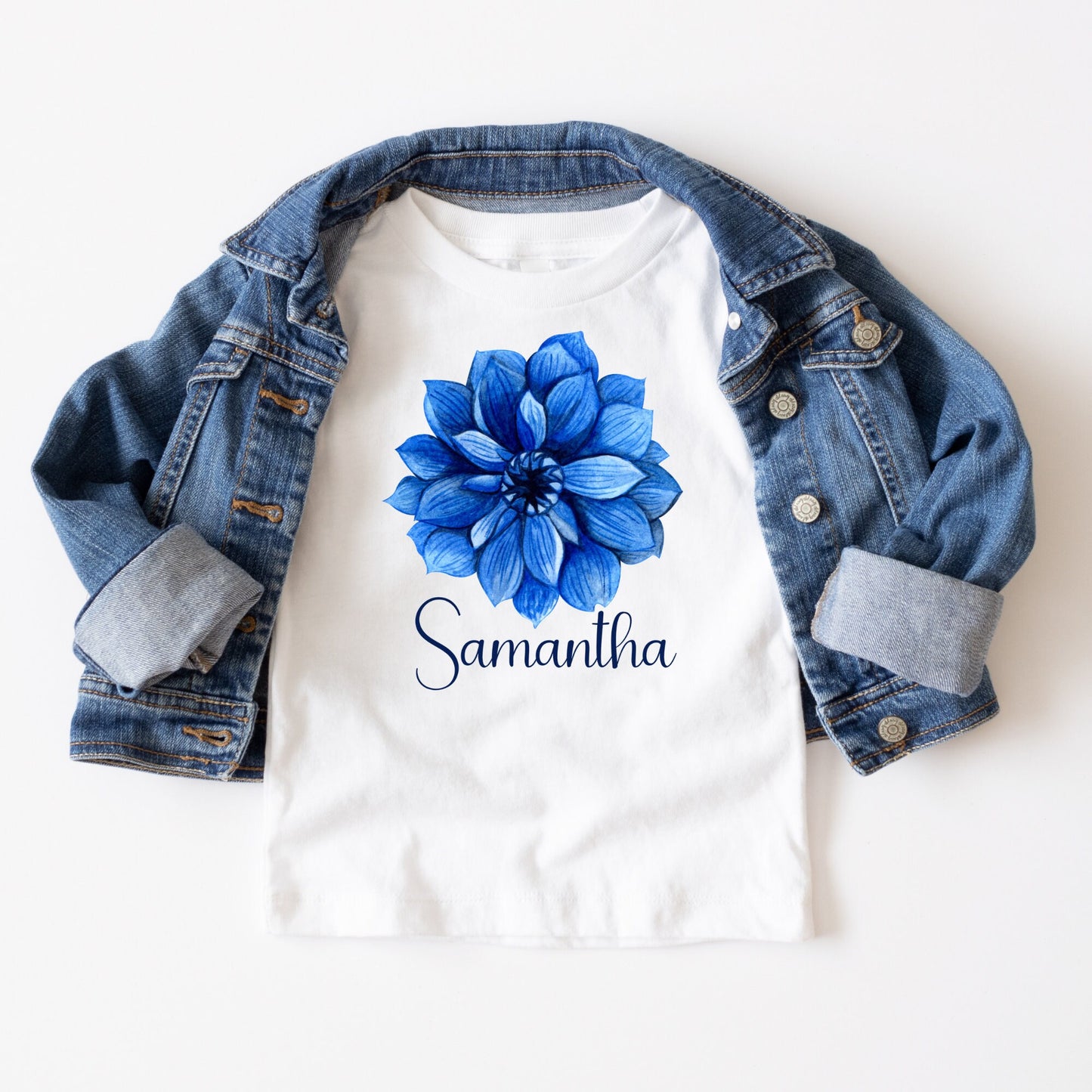 Blue Dahlia Personalized Boys Name Kids Onesie | Custom Kids Onesie | Flower Name Bodysuit