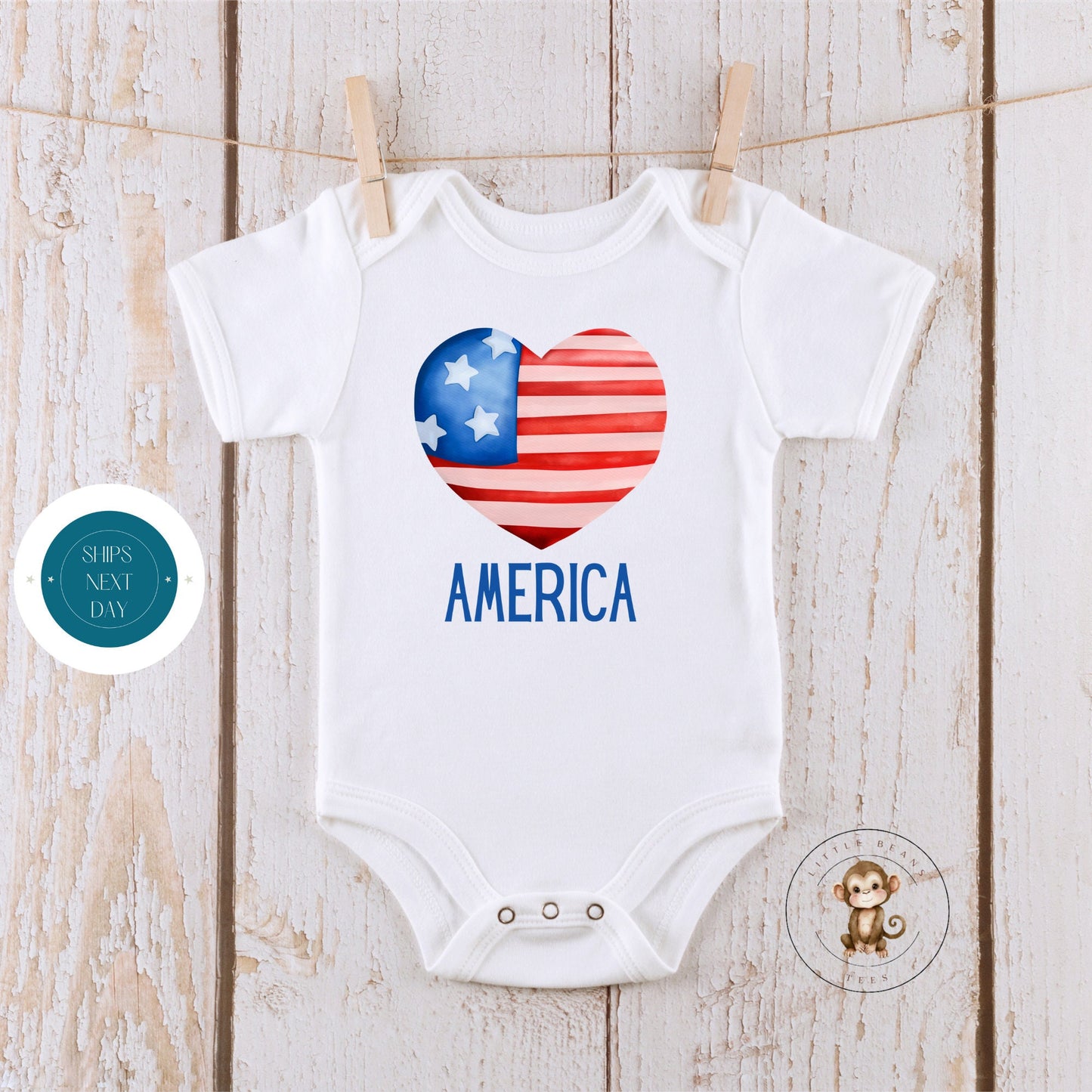 America Heart 4th of July Baby Onesie® | Custom Kids Tshirt | 4th of July Onesie | Personalized Name