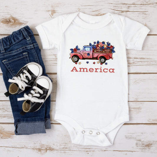 America Truck 4th of July Baby Onesie® | Custom Kids Tshirt | 4th of July Onesie | America