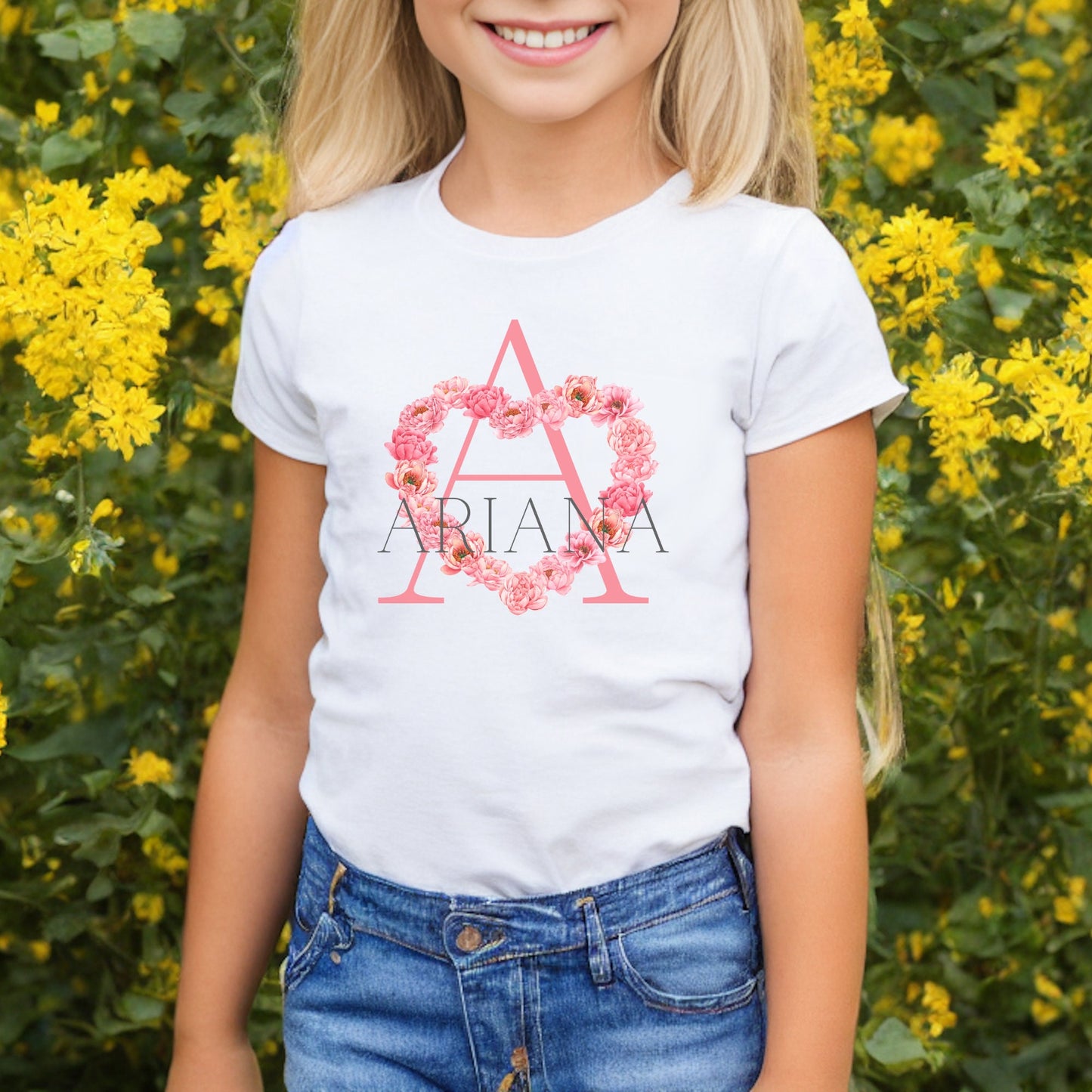 Heart Flower Initial Name Kids Tshirt | Custom Kids Tshirt | Cute Personalized Tshirt