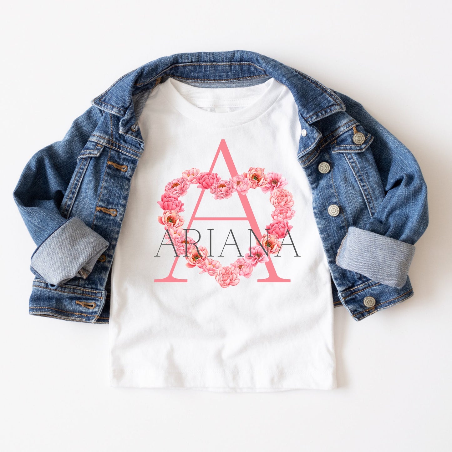 Heart Flower Initial Name Kids Tshirt | Custom Kids Tshirt | Cute Personalized Tshirt