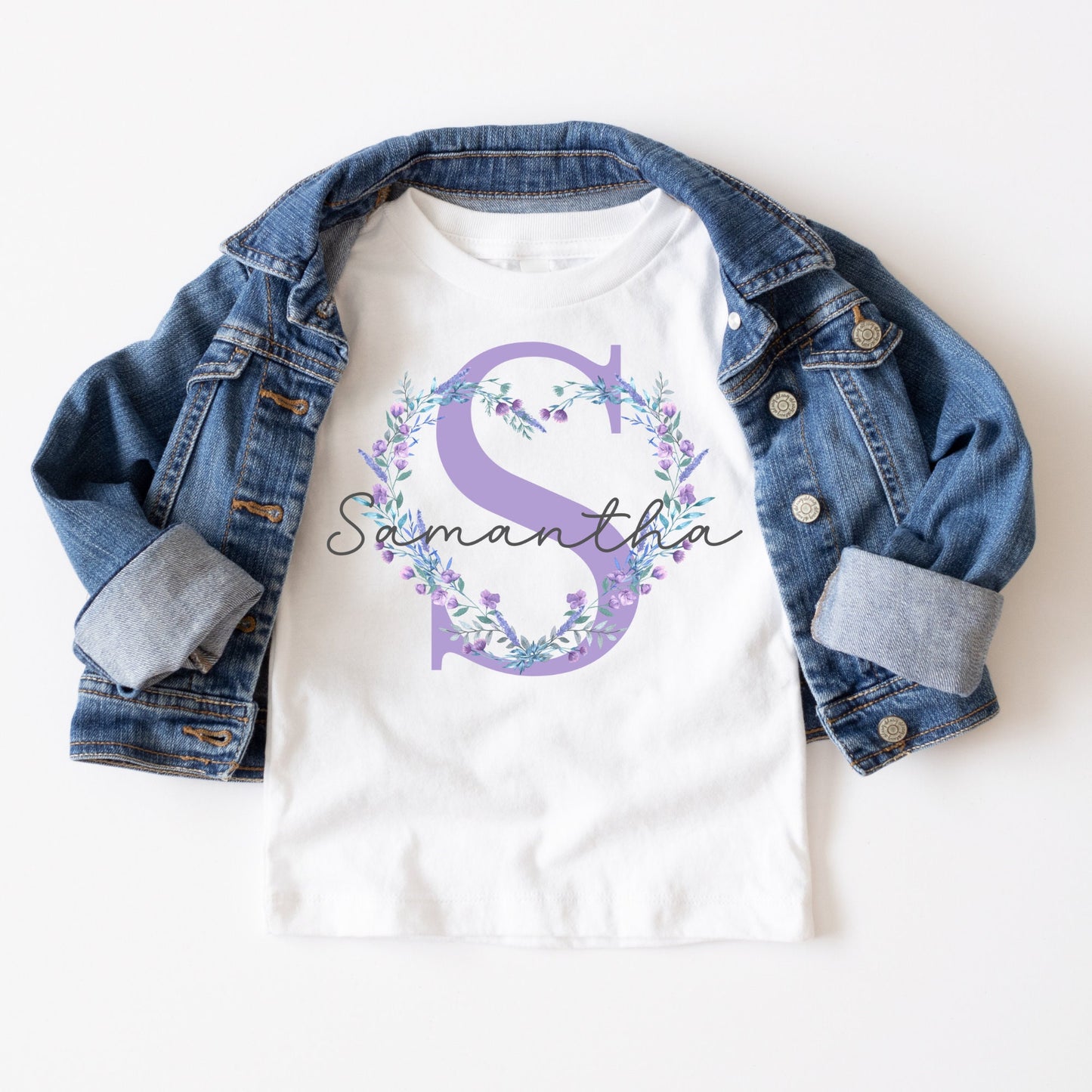 Heart Flower Initial Purple Name Kids Tshirt | Custom Kids Tshirt | Cute Personalized Tshirt