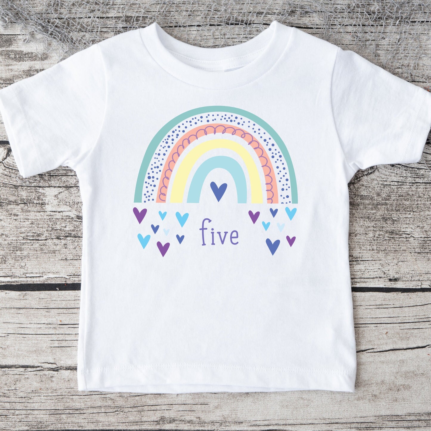 5th Birthday Girl Rainbow Hearts Kids Tshirt | Birthday Five Natural Onesie® | Birthday Girl Cute Tee