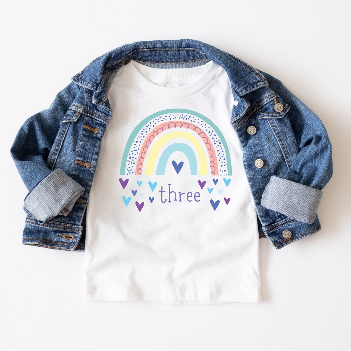 3rd Birthday Girl Rainbow Hearts Kids Tshirt | Rainbow Birthday Natural Onesie® | Birthday Girl Cute Tee