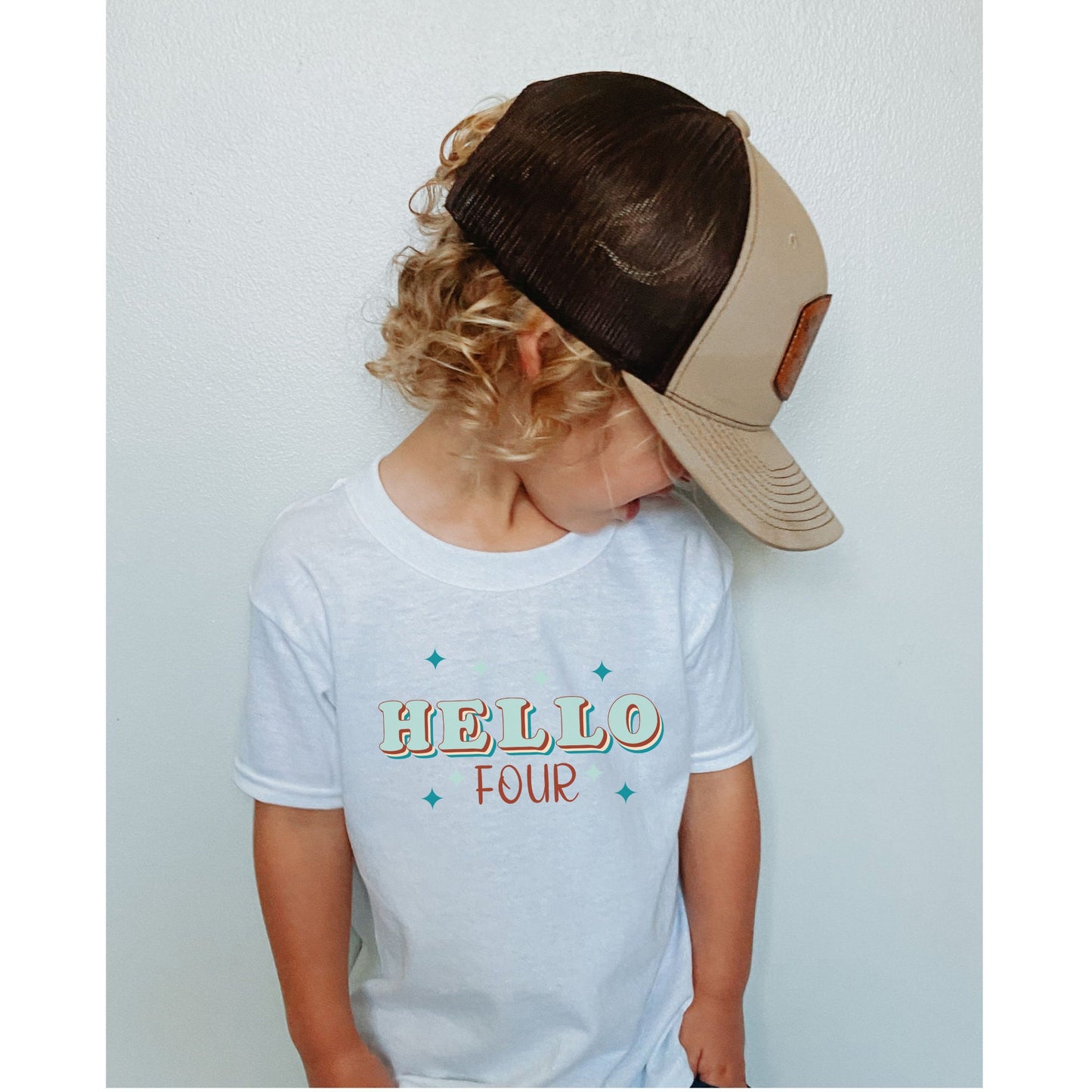 Hello Four Retro Birthday Kids Tshirt | Custom Kids Tshirt | Groovy Birthday Tee