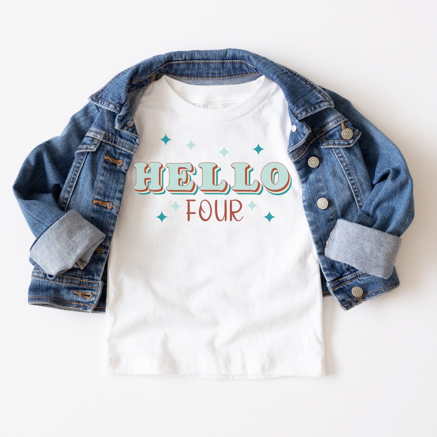 Hello Four Retro Birthday Kids Tshirt | Custom Kids Tshirt | Groovy Birthday Tee