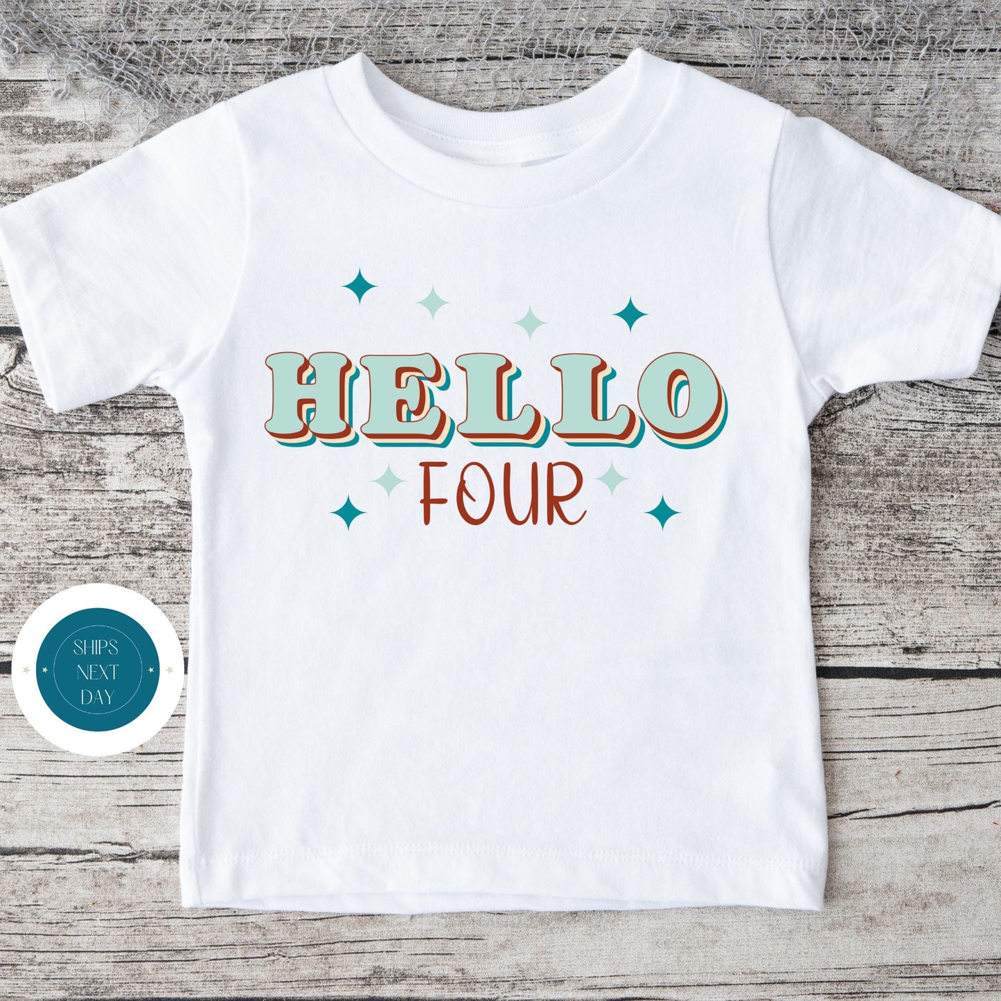 Hello Four Retro Birthday Kids Tshirt | Custom Kids Tshirt | Groovy Birthday Tee