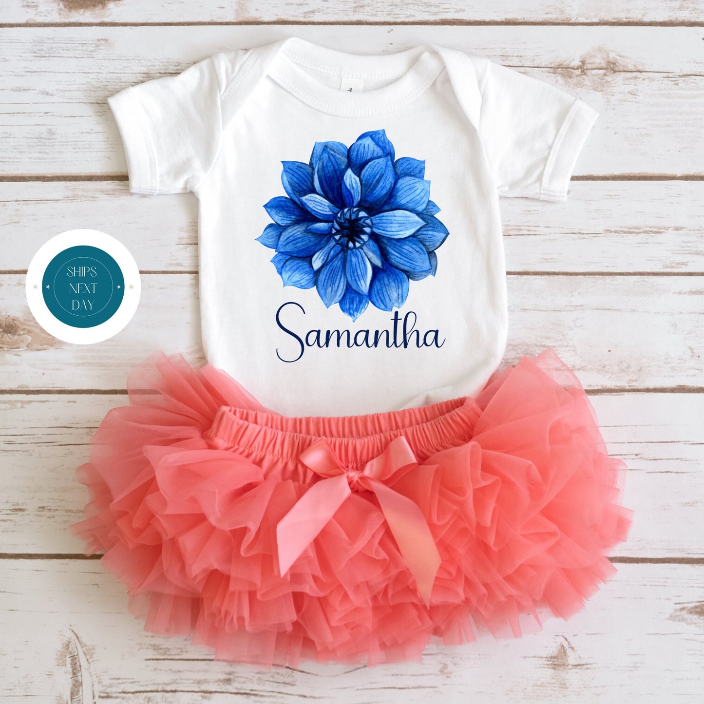 Blue Dahlia Personalized Boys Name Kids Onesie | Custom Kids Onesie | Flower Name Bodysuit