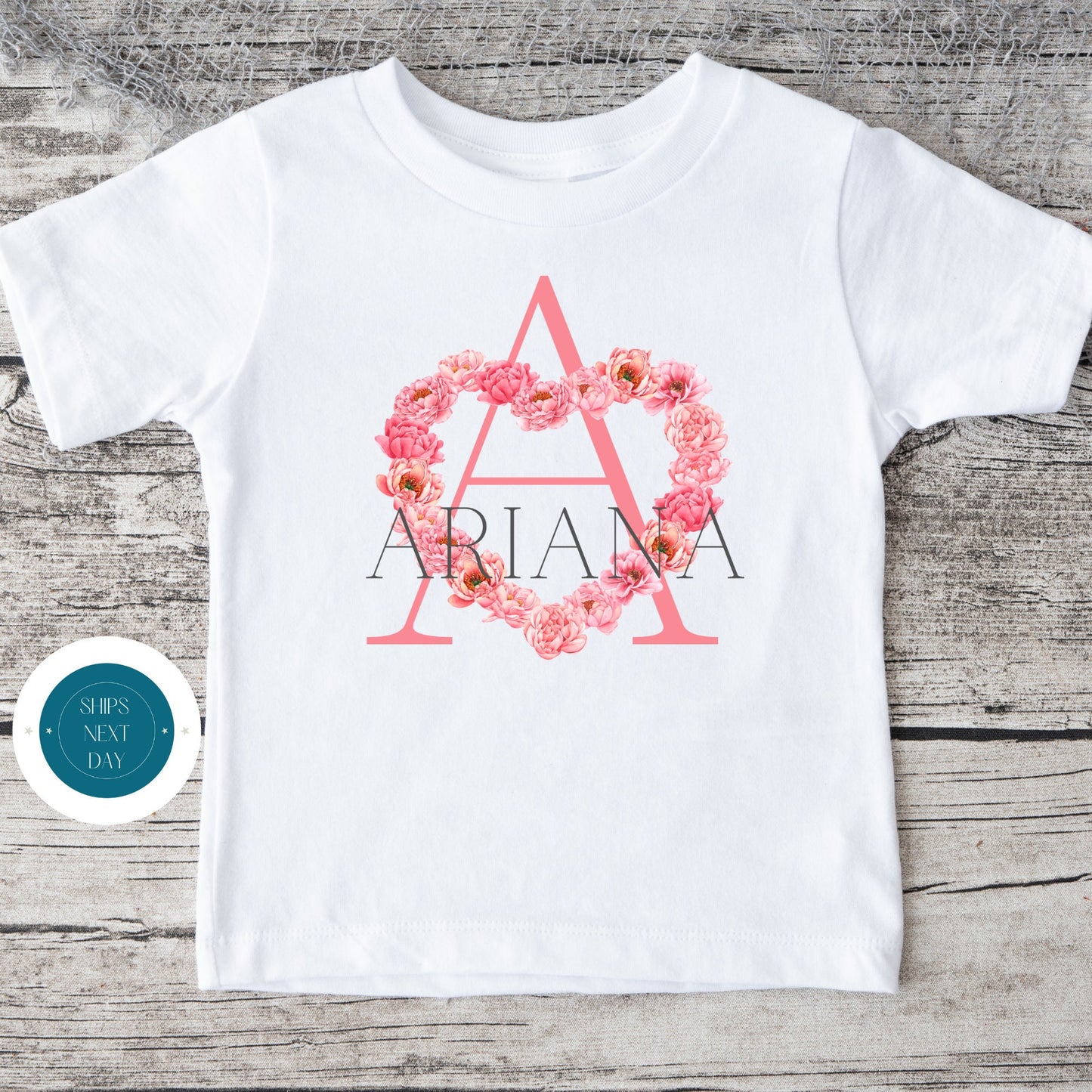 Heart Flower Initial Name Kids Tshirt | Custom Kids Tshirt | Cute Personalized Tshirt