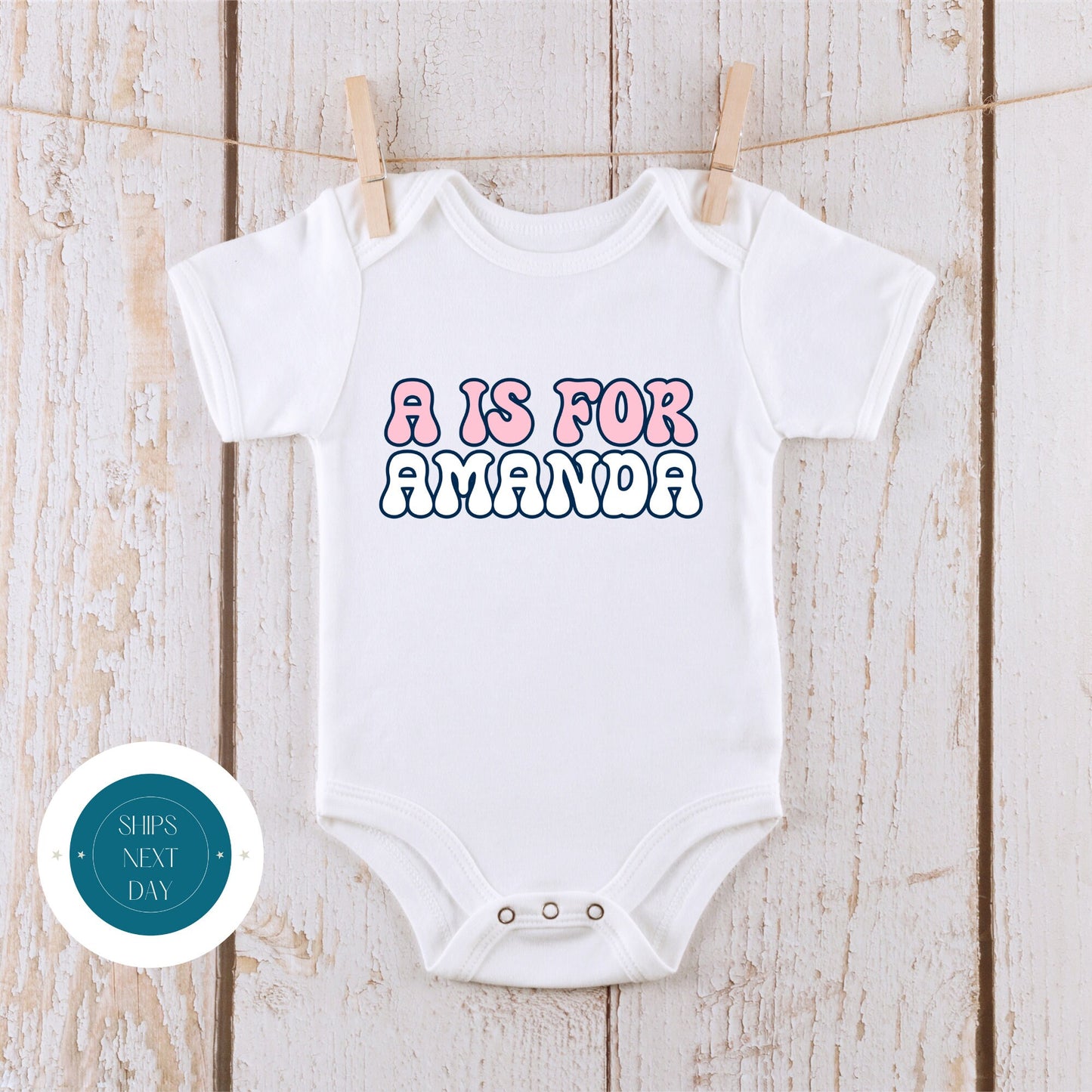 Initial Name Pink Retro Baby Onesie | Custom Baby Onesie | Cute Retro Name Onesie