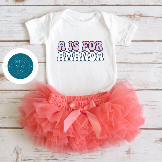 Initial Name Pink Retro Baby Onesie | Custom Baby Onesie | Cute Retro Name Onesie