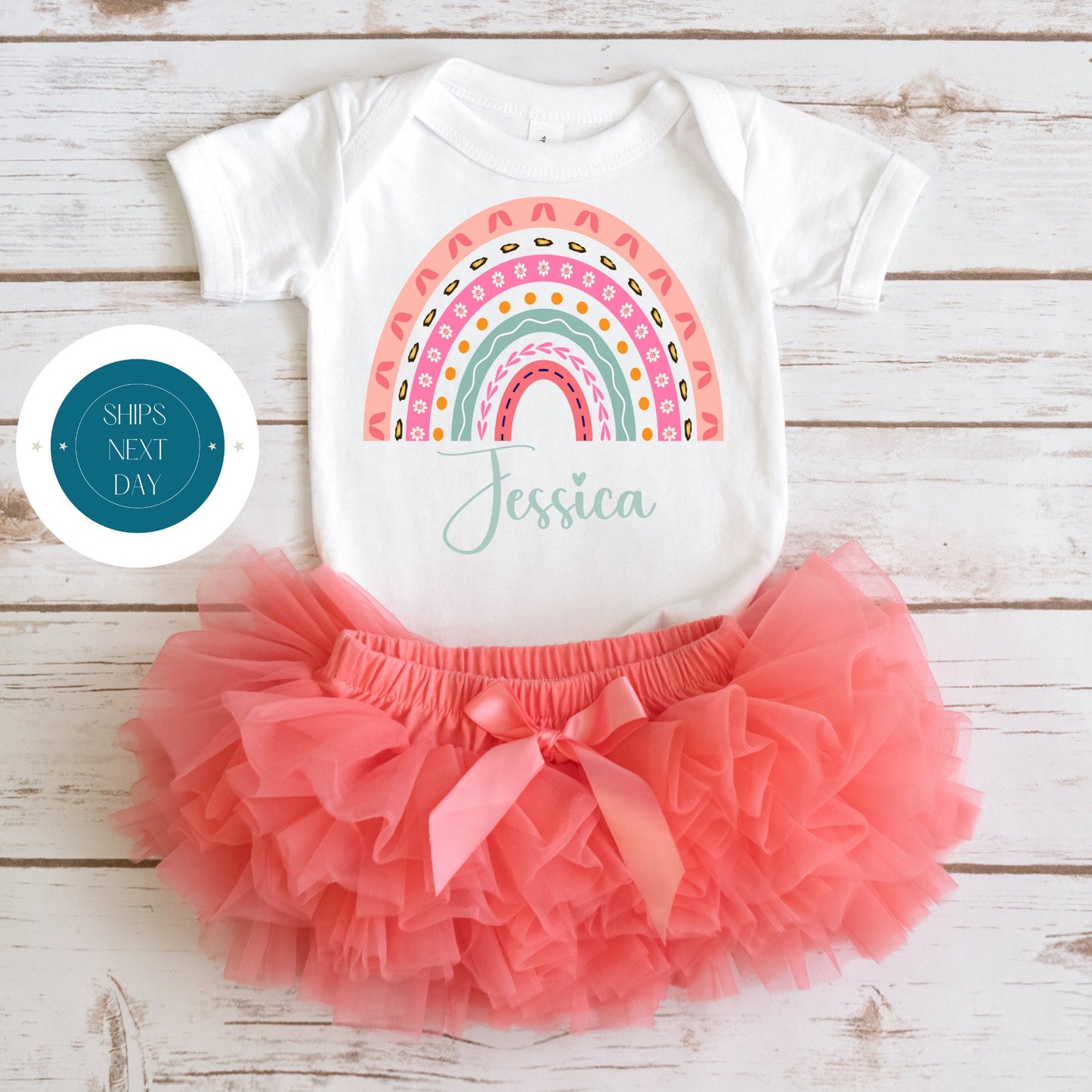 Rainbow Heart Pastel Personalized Name Baby Onesie | Custom Kids Tshirt | Girls Name Rainbow