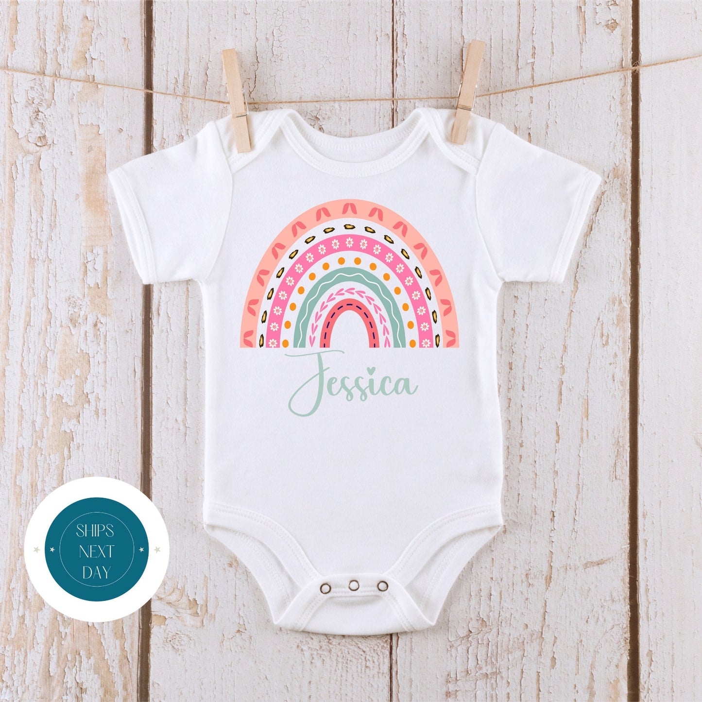 Rainbow Heart Pastel Personalized Name Baby Onesie | Custom Kids Tshirt | Girls Name Rainbow