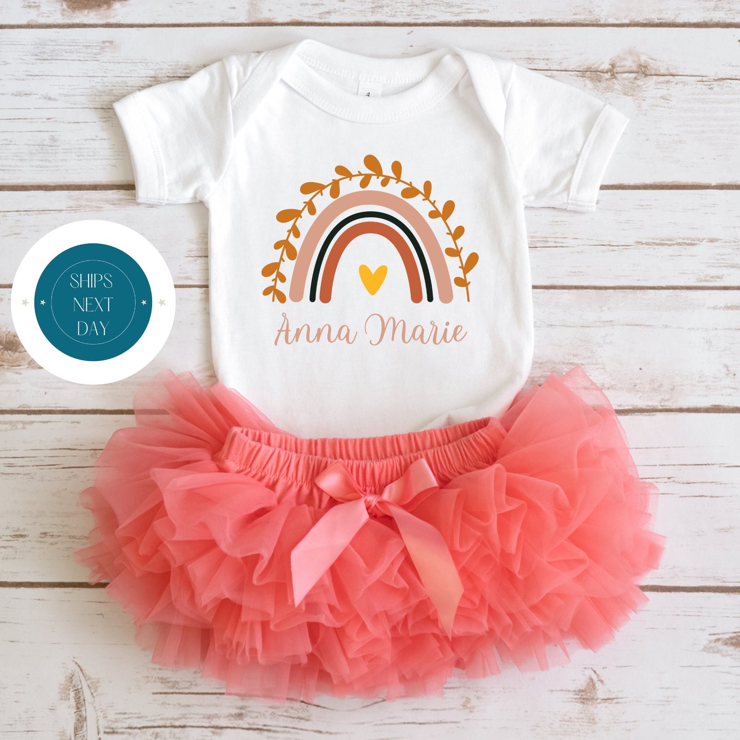 Rainbow Heart Personalized Name Baby Onesie | Custom Kids Tshirt | Girls Name Rainbow