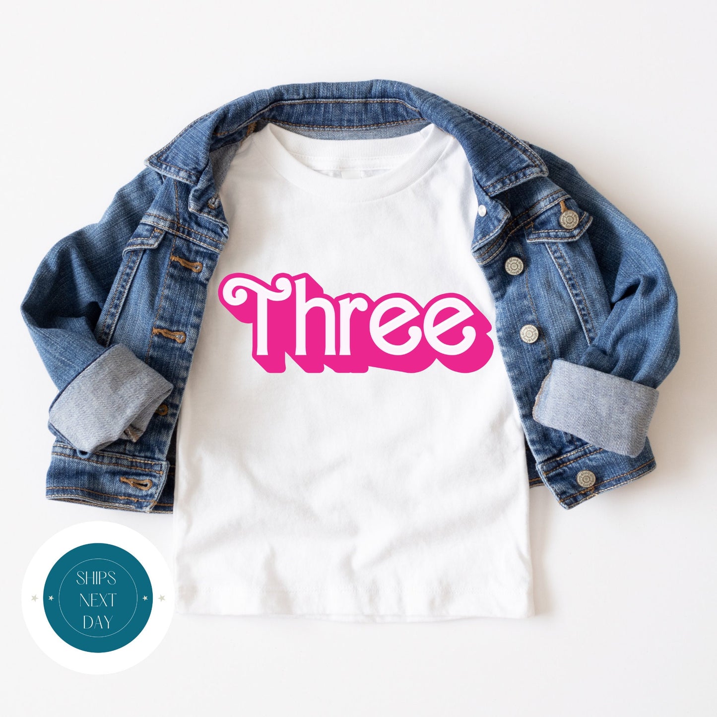 Shadow Font THREE Pink Birthday Tshirt | Custom Kids Tshirt | Girly Birthday Onesiee