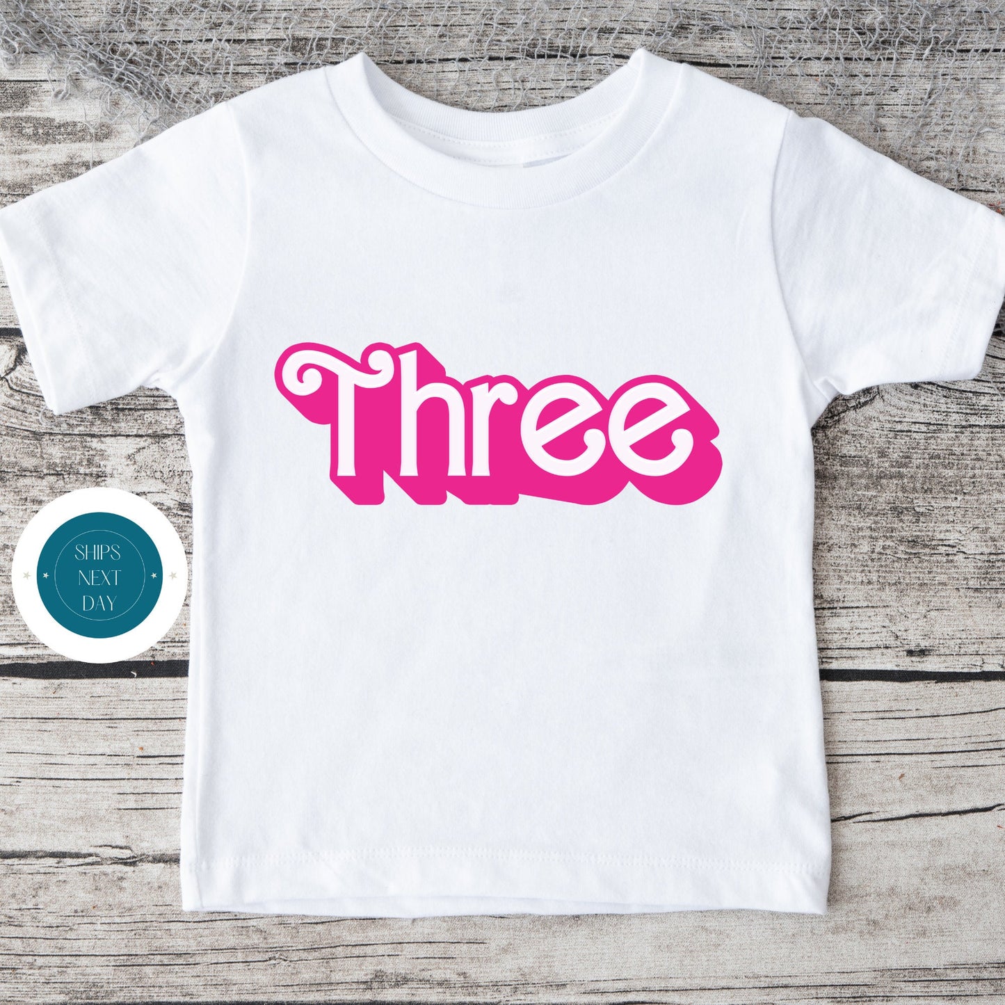 Shadow Font THREE Pink Birthday Tshirt | Custom Kids Tshirt | Girly Birthday Onesiee