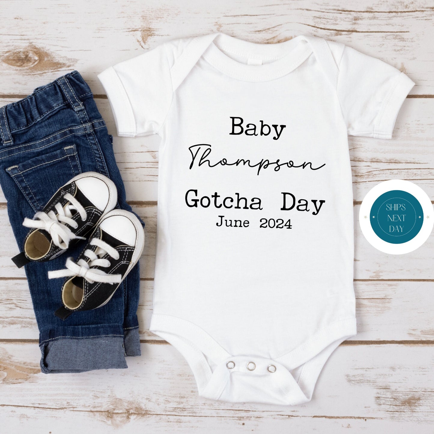 Baby Gotcha Day Personalized Name Onesie | New Baby Onesie | Baby Shower Gift | Reveal Onesie