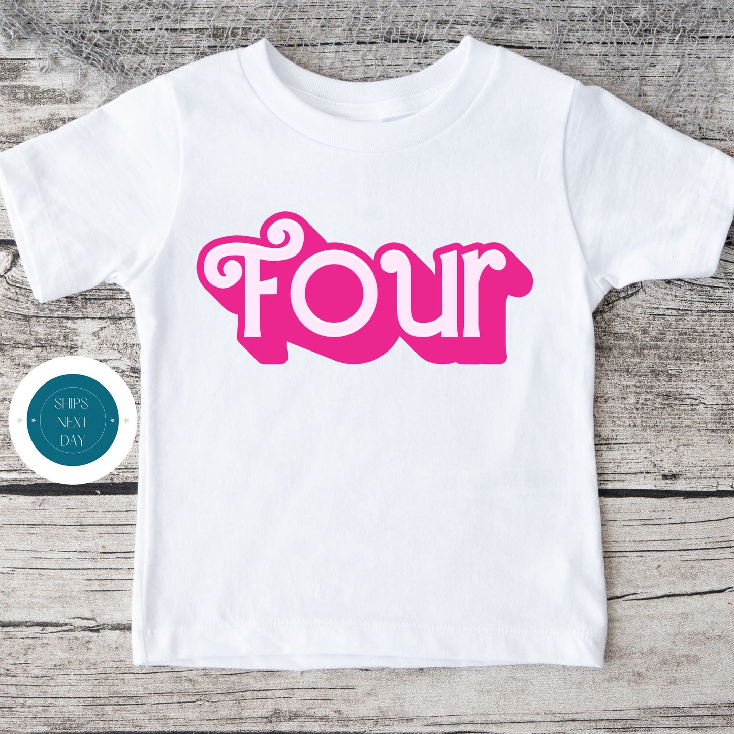 Shadow Font FOUR Pink Birthday Tshirt | Custom Kids Tshirt | Girly Birthday Onesie