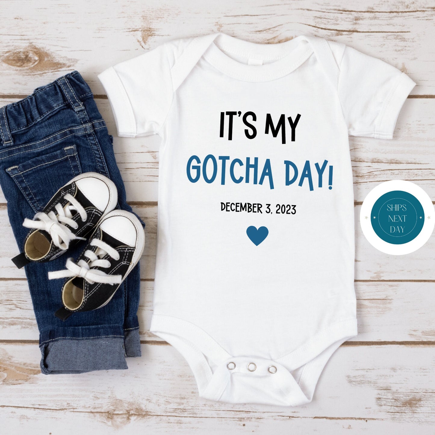 My Gotcha Day Blue Lettering Onesie | New Baby Onesie | Baby Shower Gift | Reveal Onesie