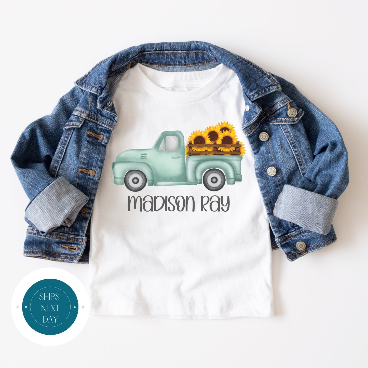 Blue Truck Sunflowers Personalized Fall Onesie | Custom Name Kids Tshirt | Cute Fall Onesie