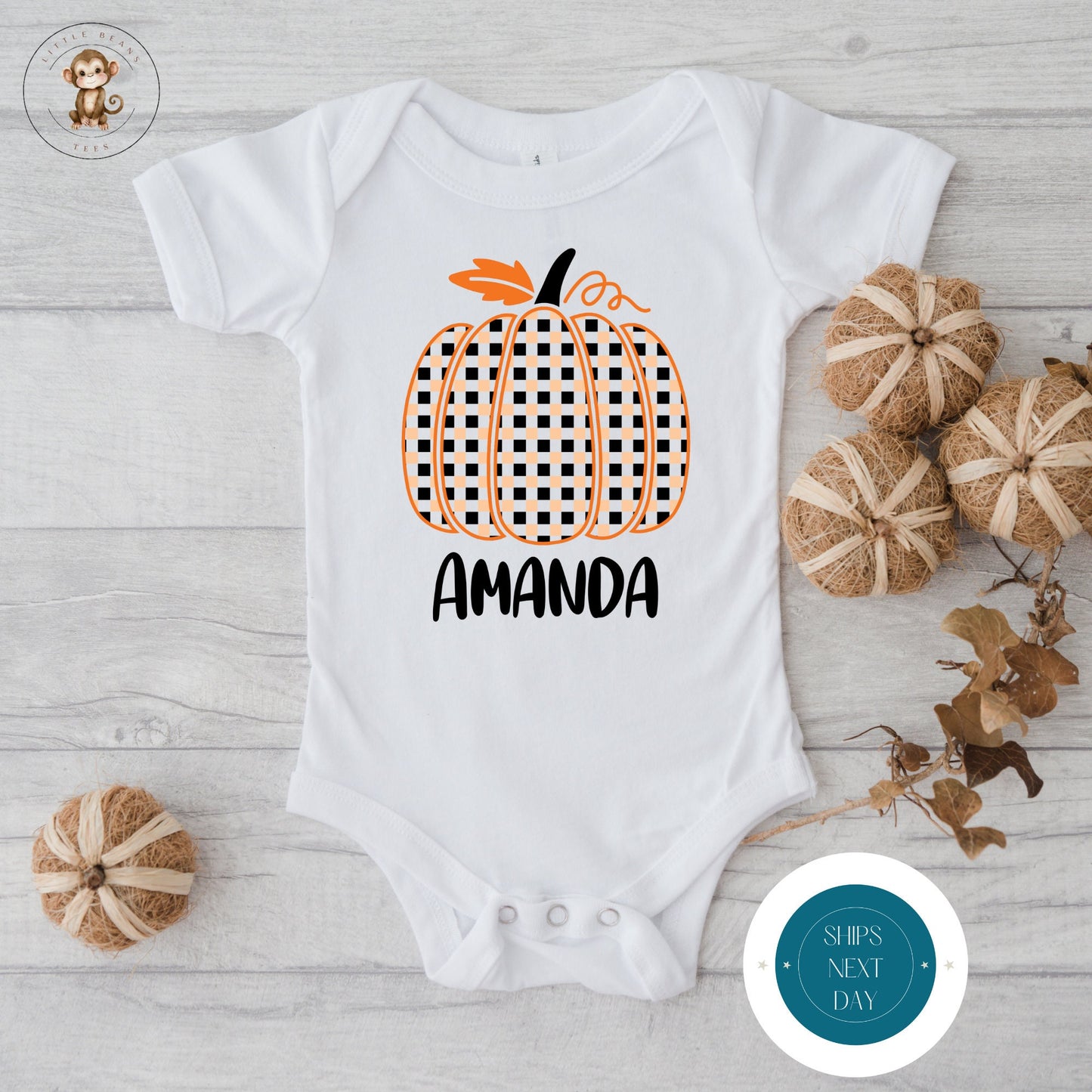 Plaid Pumpkin Personalized Fall Onesie | Custom Kids Tshirt | Cute Fall Name Onesie