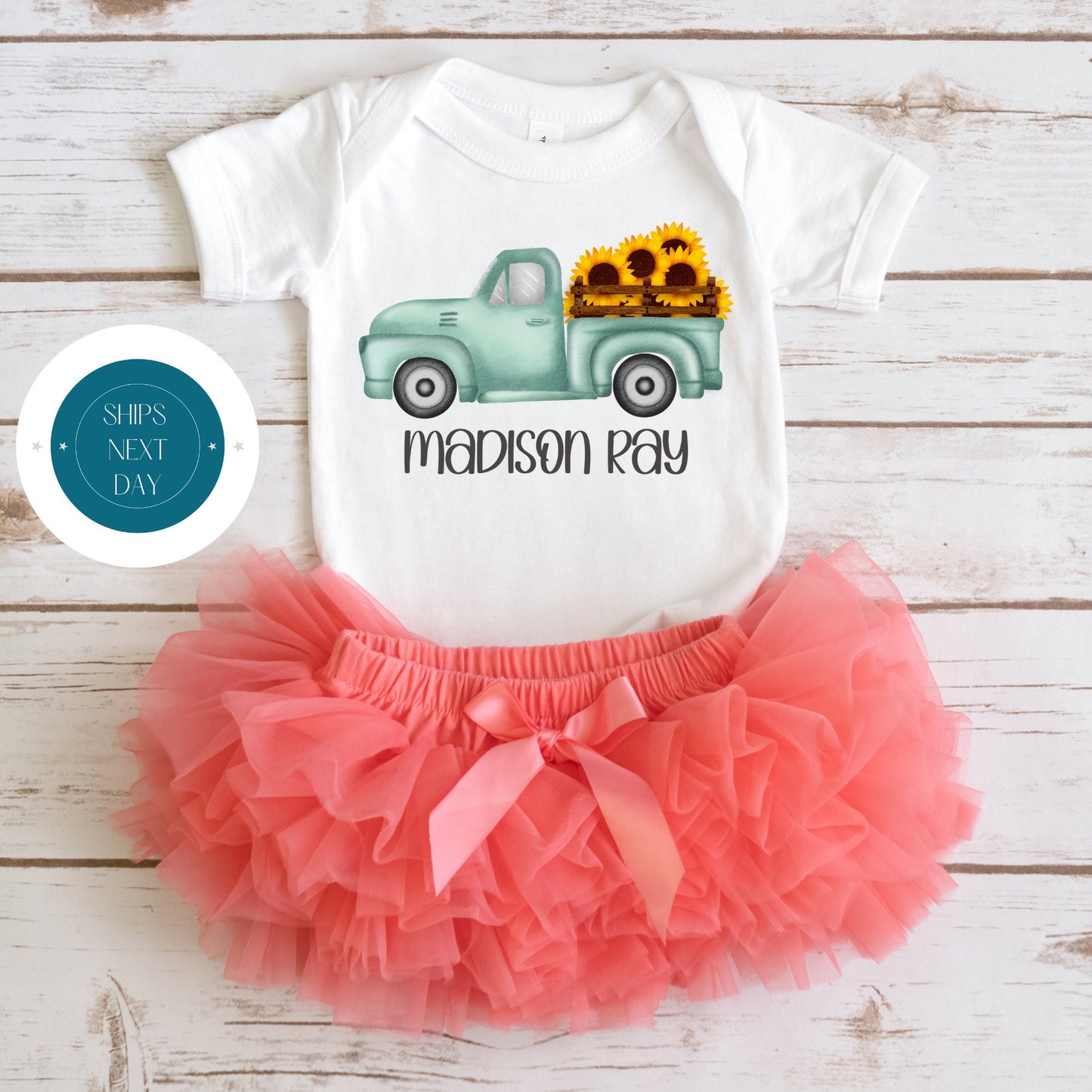 Blue Truck Sunflowers Personalized Fall Onesie | Custom Name Kids Tshirt | Cute Fall Onesie