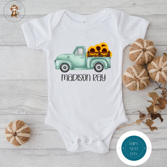 Blue Truck Sunflowers Personalized Fall Onesie | Custom Name Kids Tshirt | Cute Fall Onesie