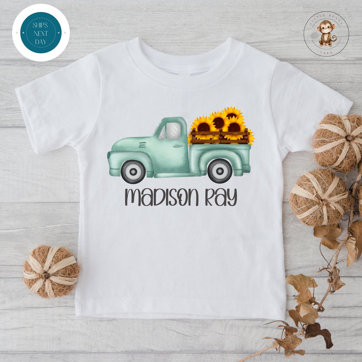 Blue Truck Sunflowers Personalized Fall Onesie | Custom Name Kids Tshirt | Cute Fall Onesie