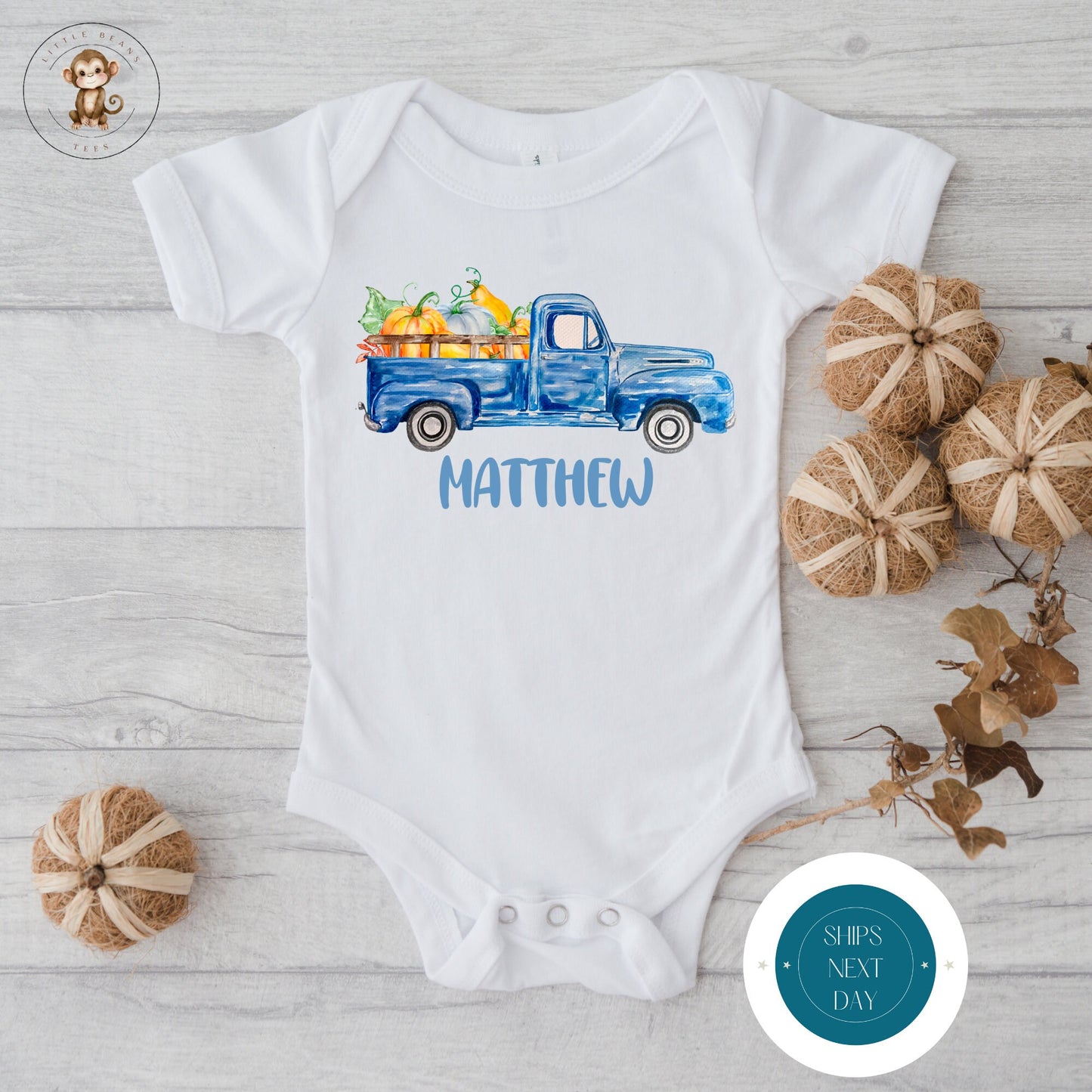 Pumpkin Truck Personalized Fall Onesie | Custom Kids Tshirt | Cute Fall Name Onesie