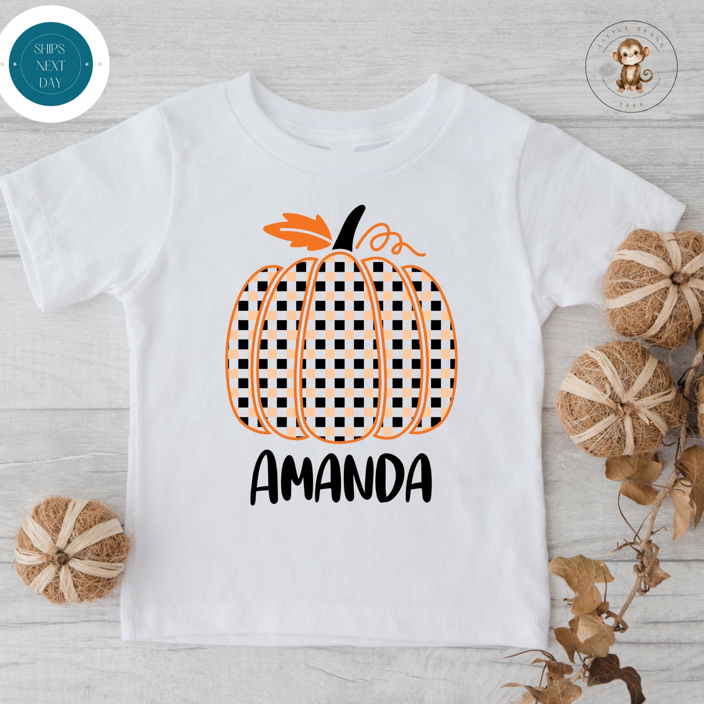 Plaid Pumpkin Personalized Fall Onesie | Custom Kids Tshirt | Cute Fall Name Onesie