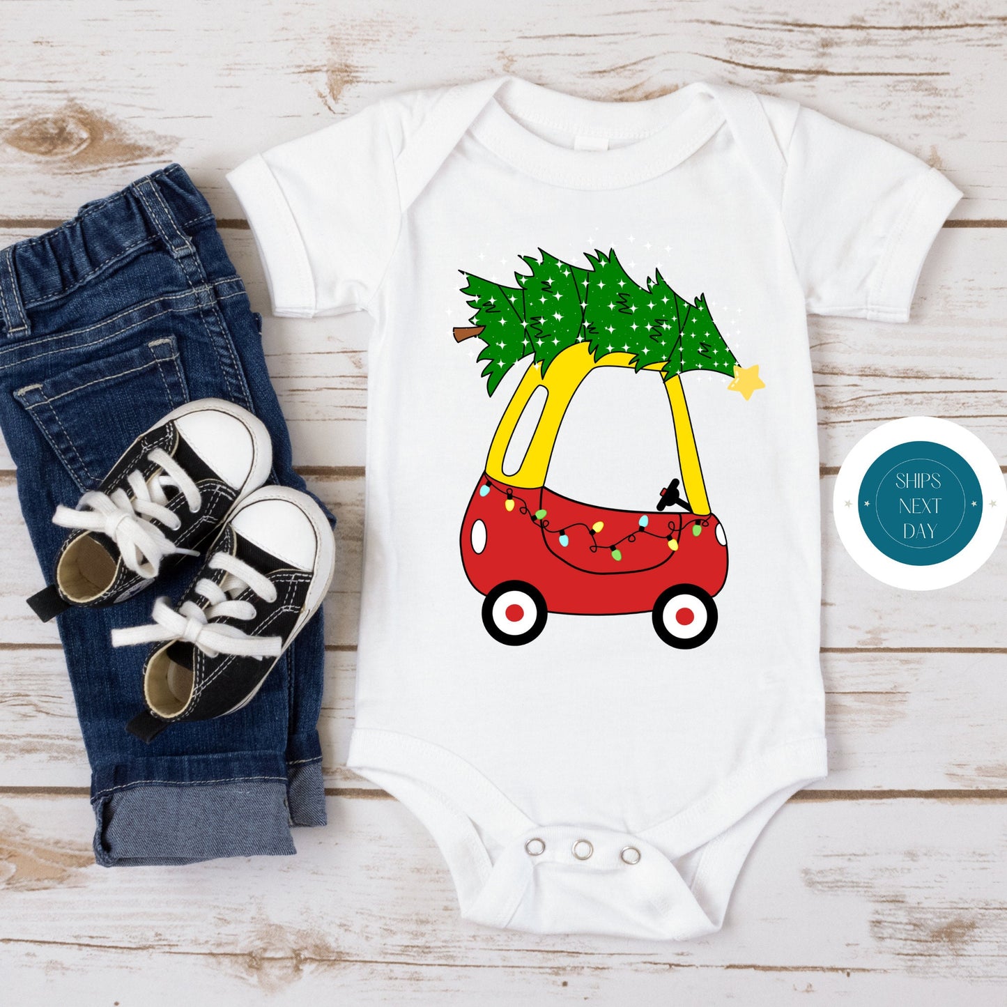 Cozy Coupe Christmas Tree Onesie | Custom Kids Tshirt | Cute Baby Christmas Onesie | Holiday Baby Gift