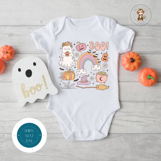 Boo Halloween Grid Onesie | Custom Kids Tshirt | Cute Baby Halloween Retro Onesie