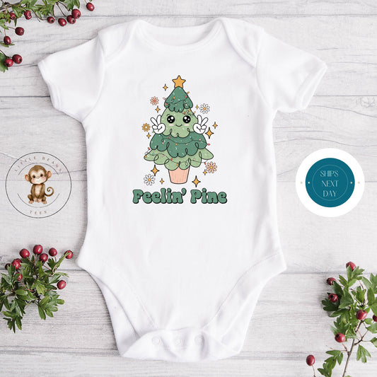 Feeling Pine Holiday Onesie | Custom Kids Tshirt | Funny Christmas Onesie | Holiday Baby Gift | Christmas Retro Onesie