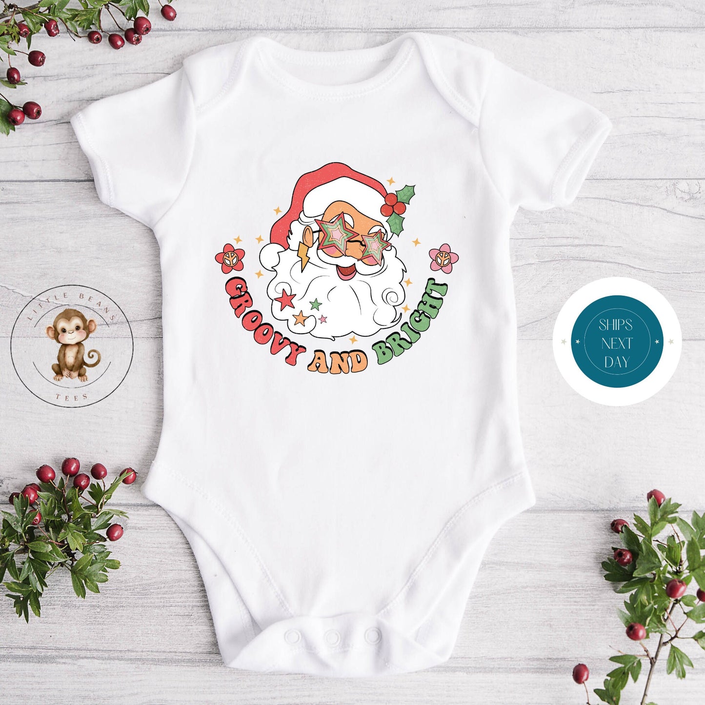 Groovy and Bright Holiday Onesie | Custom Kids Tshirt | Funny Christmas Onesie | Holiday Baby Gift | Christmas Retro Onesie