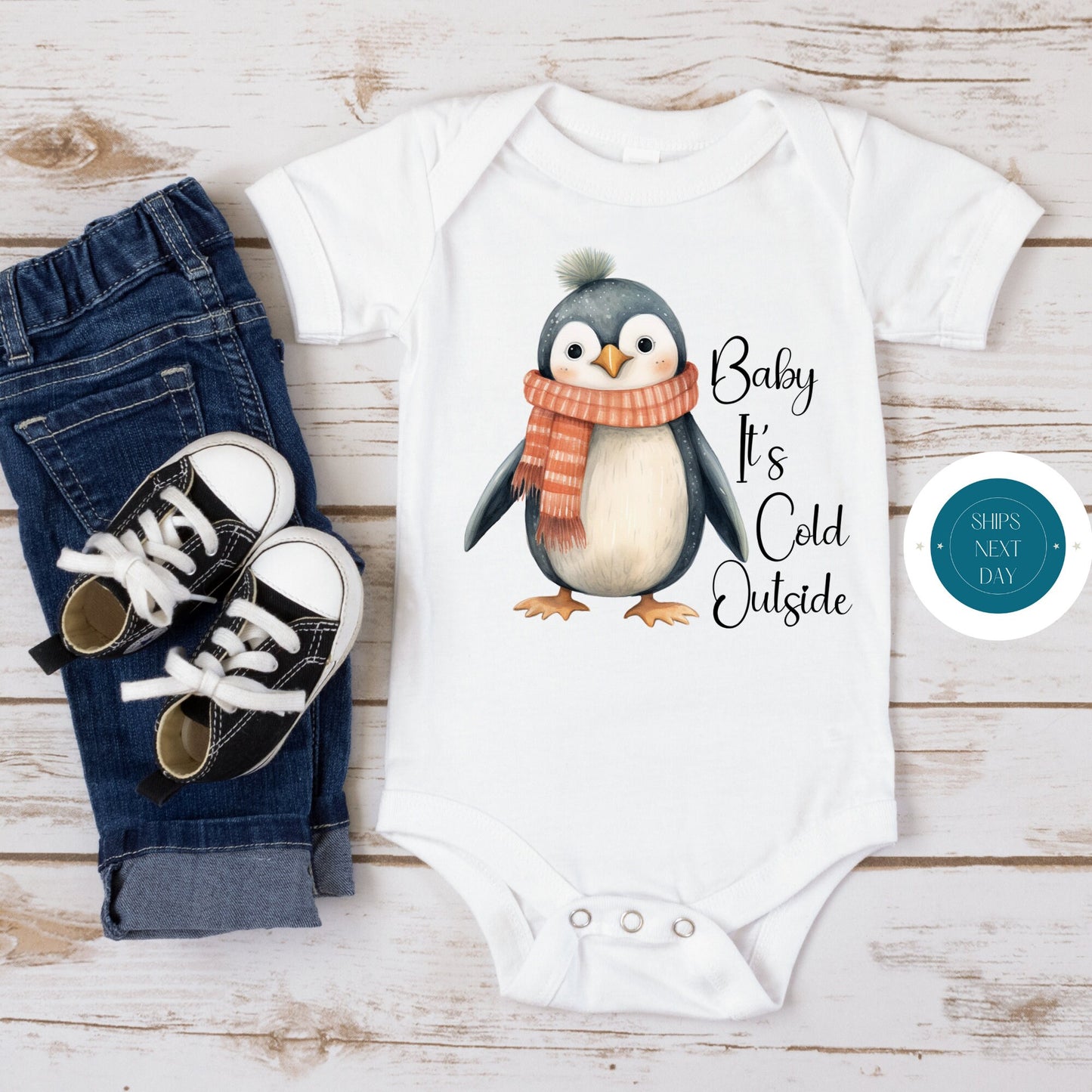 Baby Its Cold Outside Pengiun Onesie | Cute Funny Baby Onesie | Baby Shower Gift | Holiday Winter Onesie