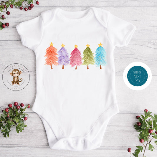 Watercolor Trees Christmas Onesie | Custom Kids Tshirt | Name Christmas Onesie | Holiday Baby Gift | Personalized Holiday Onesie