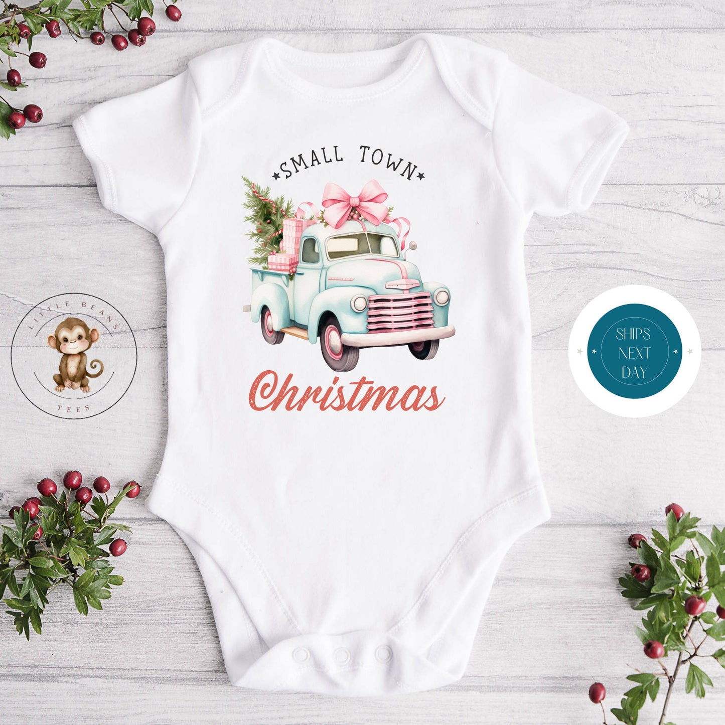 Small Town Truck Christmas Present Holiday Onesie | Custom Kids Tshirt | Cute Christmas Onesie | Holiday Baby Gift | Christmas Onesie