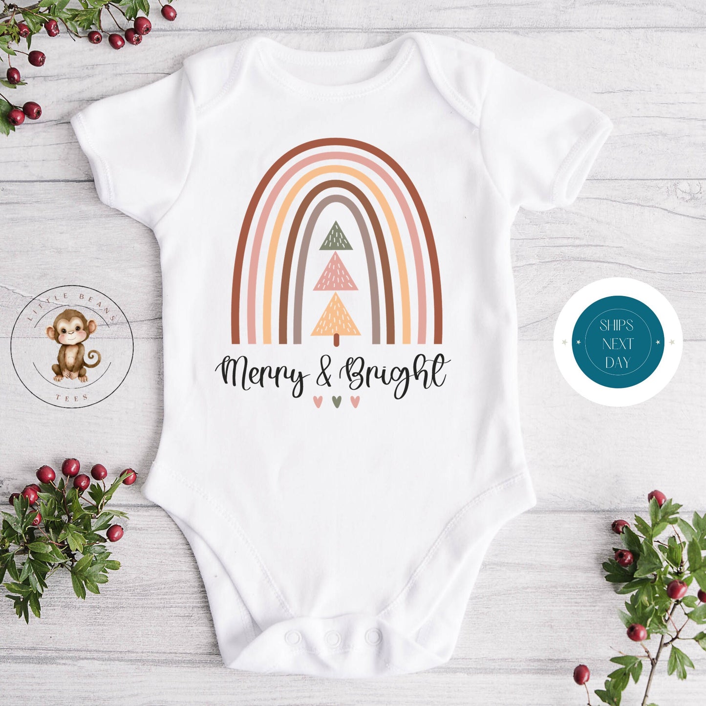 Merry and Bright Rainbow Holiday Onesie | Custom Kids Tshirt | Cute Christmas Onesie | Holiday Baby Gift | Retro Christmas Onesie