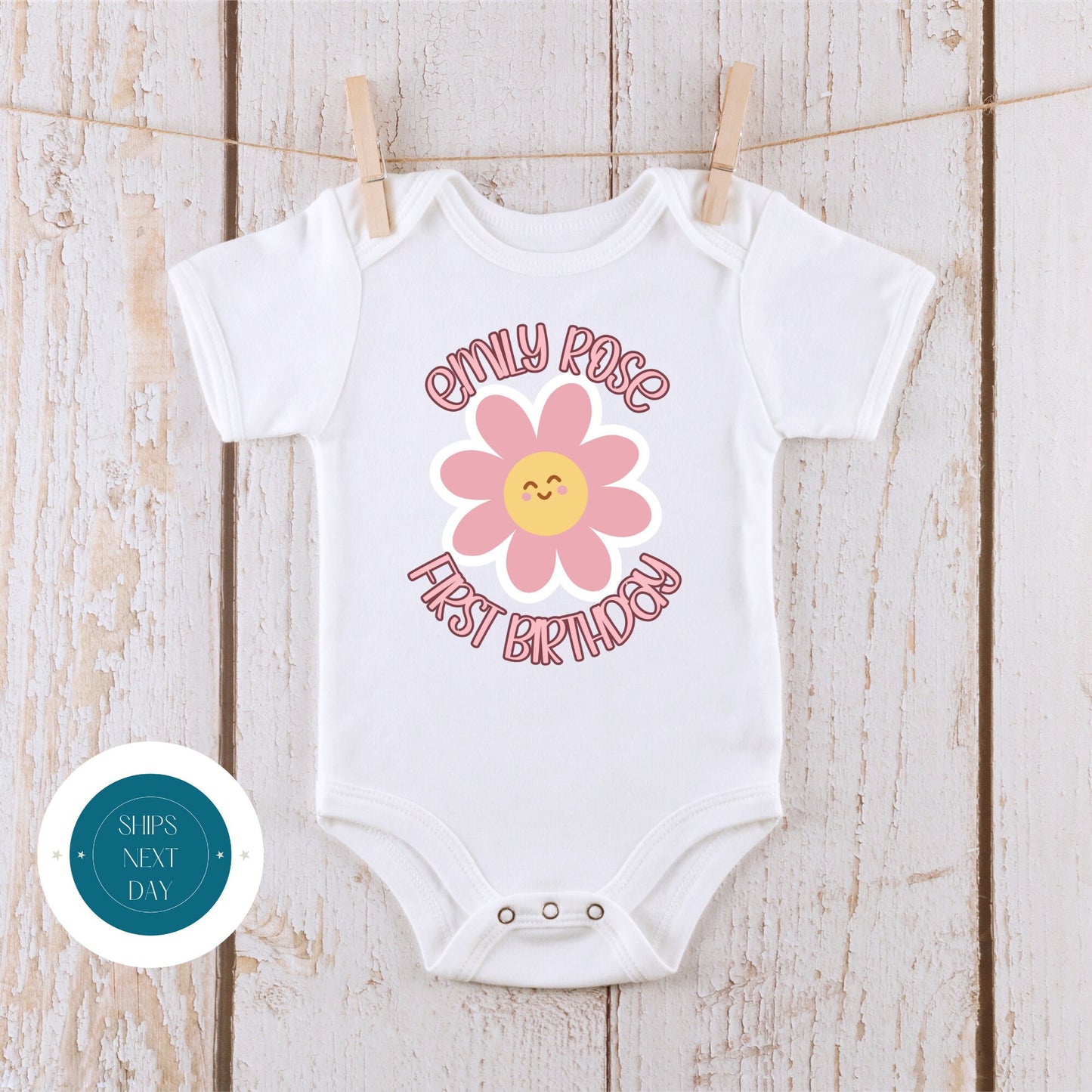 First Birthday Personalized Name Baby Onesie | Custom Baby Onesie | Cute Girly Floral Name Onesie