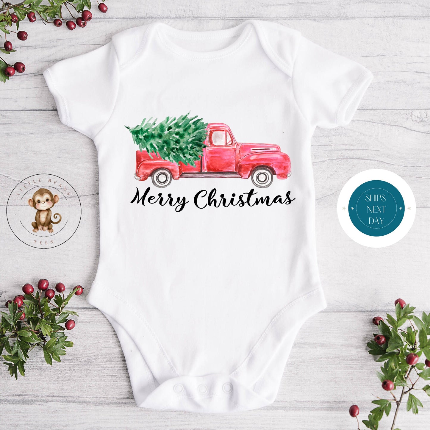 Red Truck Christmas Tree Baby Onesie | Custom Kids Tshirt | Cute Christmas Onesie | Holiday Baby Gift | Merry Christmas Onesie