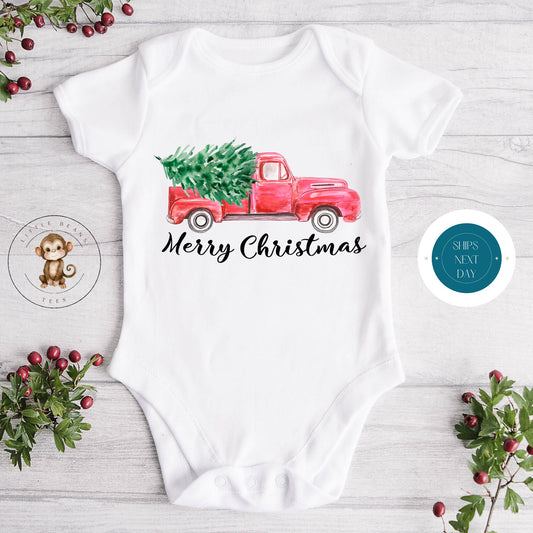 Red Truck Christmas Tree Baby Onesie | Custom Kids Tshirt | Cute Christmas Onesie | Holiday Baby Gift | Merry Christmas Onesie